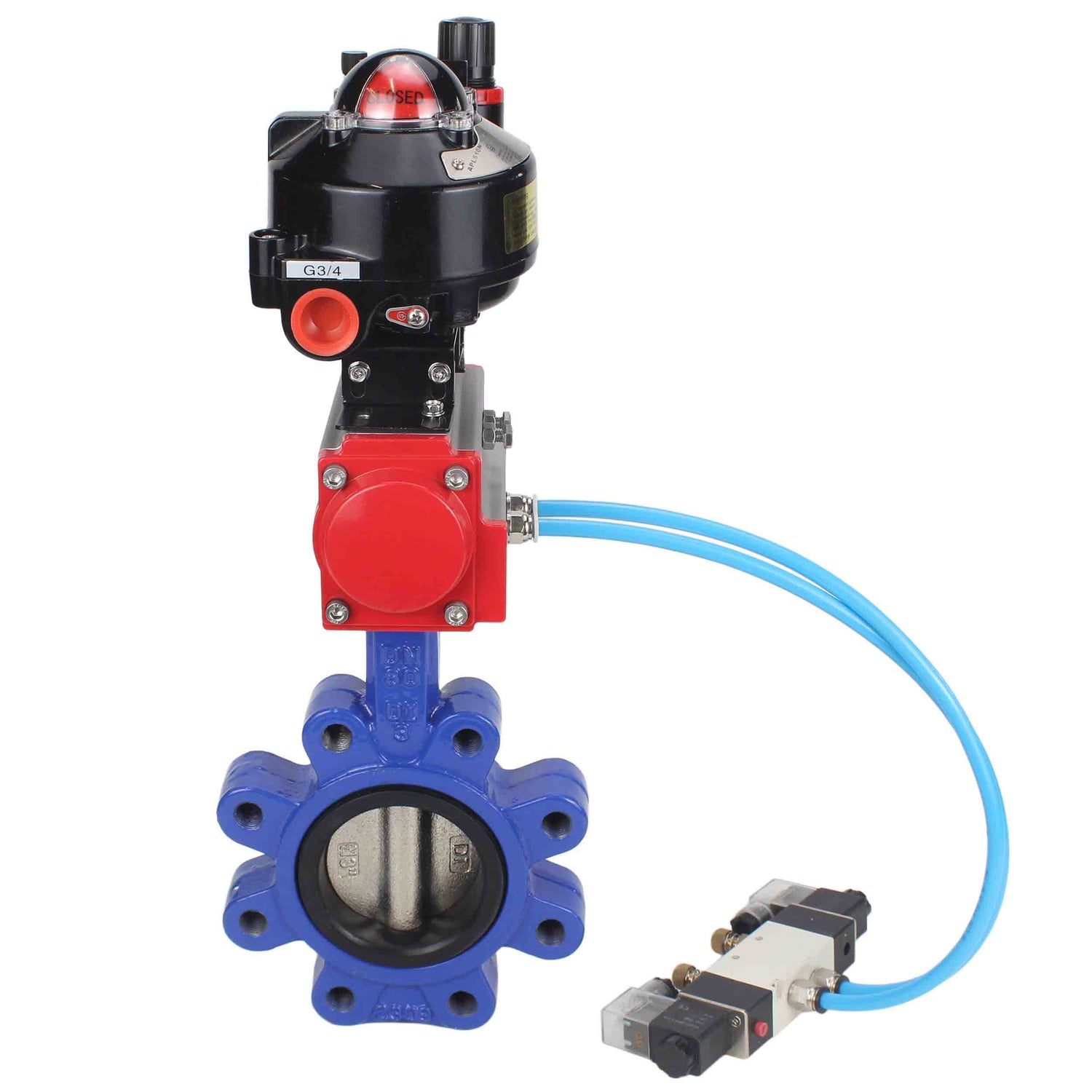 Water Butterfly Valve Elephant WBV1616N-2W-Fb-H, body material - cast iron QT450, disk material - cast iron QT450, seal - NBR, pneumatic actuator PA-SA with return springs, 4V320-10 220V, LSU APL-510N EX, ATU AFC2000