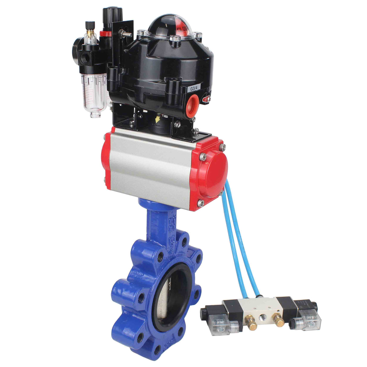 Water Butterfly Valve Elephant WBV1616N-2W-Fb-H, body material - cast iron QT450, disk material - cast iron QT450, seal - NBR, pneumatic actuator PA-SA with return springs, 4V320-10 220V, LSU APL-510N EX, ATU AFC2000