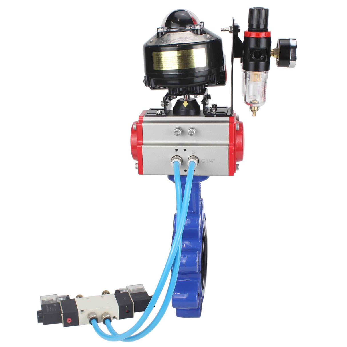 Water Butterfly Valve Elephant WBV1616N-2W-Fb-H, body material - cast iron QT450, disk material - cast iron QT450, seal - NBR, pneumatic actuator PA-SA with return springs, 4V320-10 220V, LSU APL-510N EX, ATU AFC2000