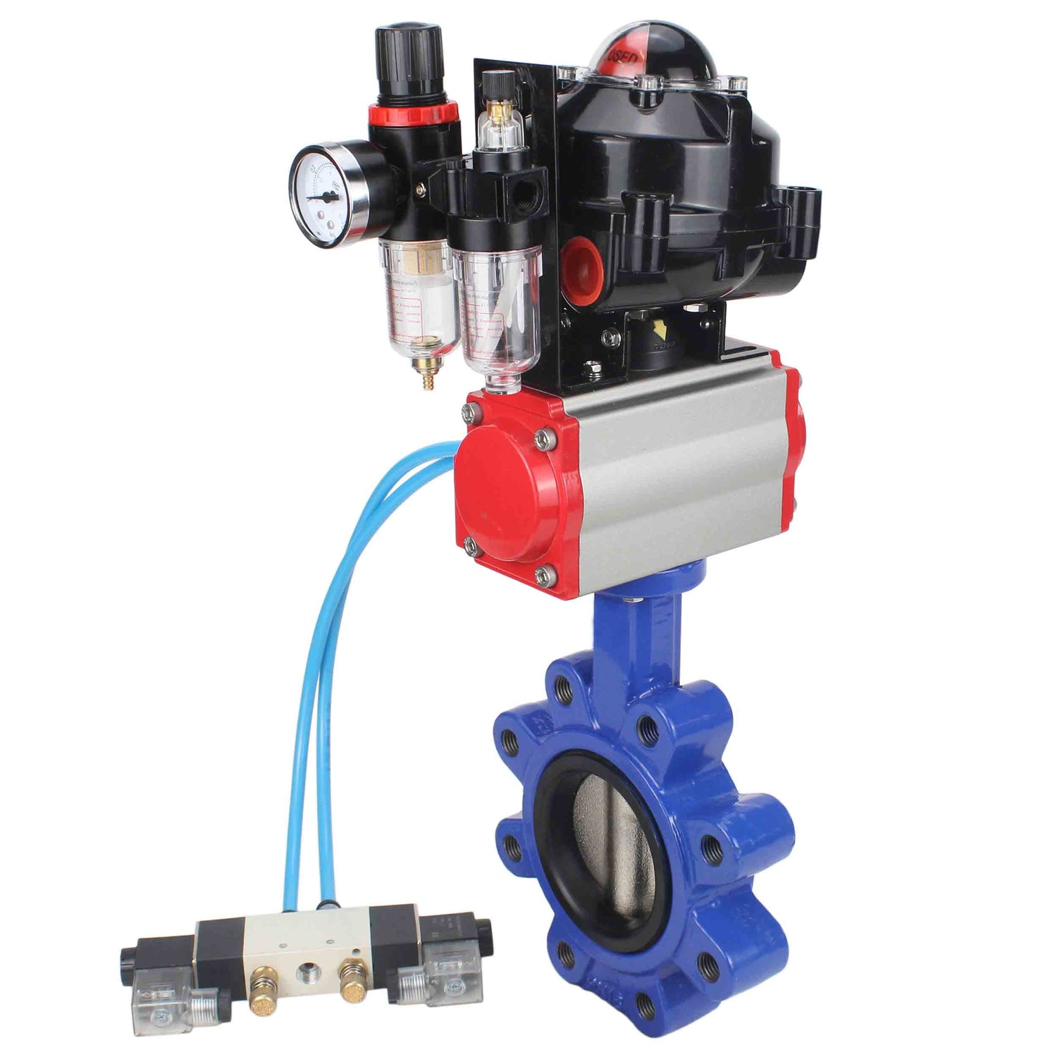 Water Butterfly Valve Elephant WBV1616N-2W-Fb-H, body material - cast iron QT450, disk material - cast iron QT450, seal - NBR, pneumatic actuator PA-DA double action, 4V320-08 220V, LSU APL-510N EX, ATU AFC2000