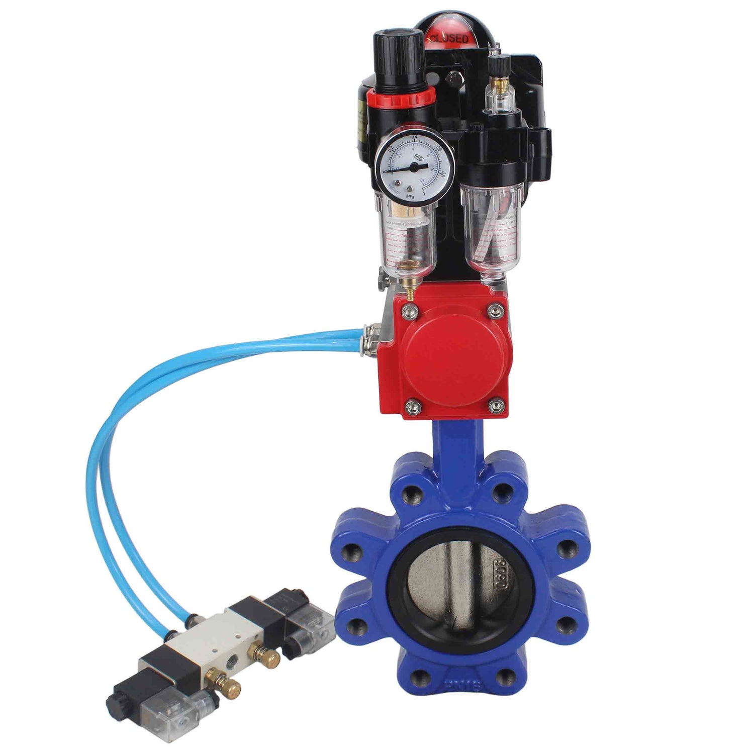 Water Butterfly Valve Elephant WBV1616N-2W-Fb-H, body material - cast iron QT450, disk material - cast iron QT450, seal - NBR, pneumatic actuator PA-SA with return springs, 4V320-10 220V, LSU APL-510N EX, ATU AFC2000