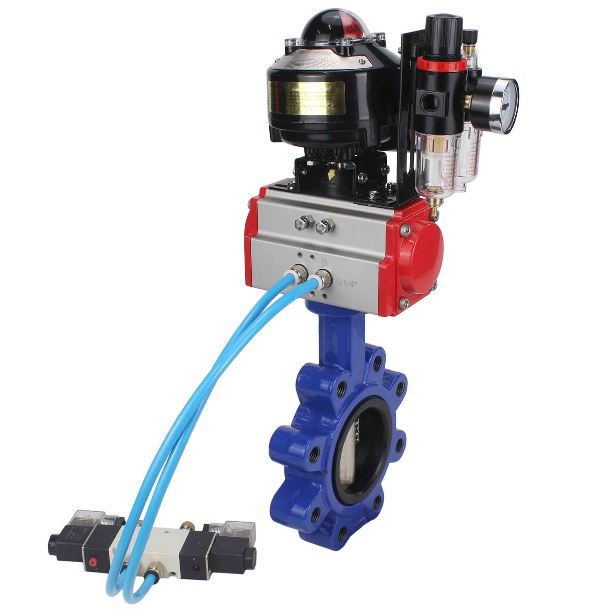 Water Butterfly Valve Elephant WBV1616N-2W-Fb-H, body material - cast iron QT450, disk material - cast iron QT450, seal - NBR, pneumatic actuator PA-SA with return springs, 4V320-10 220V, LSU APL-510N EX, ATU AFC2000