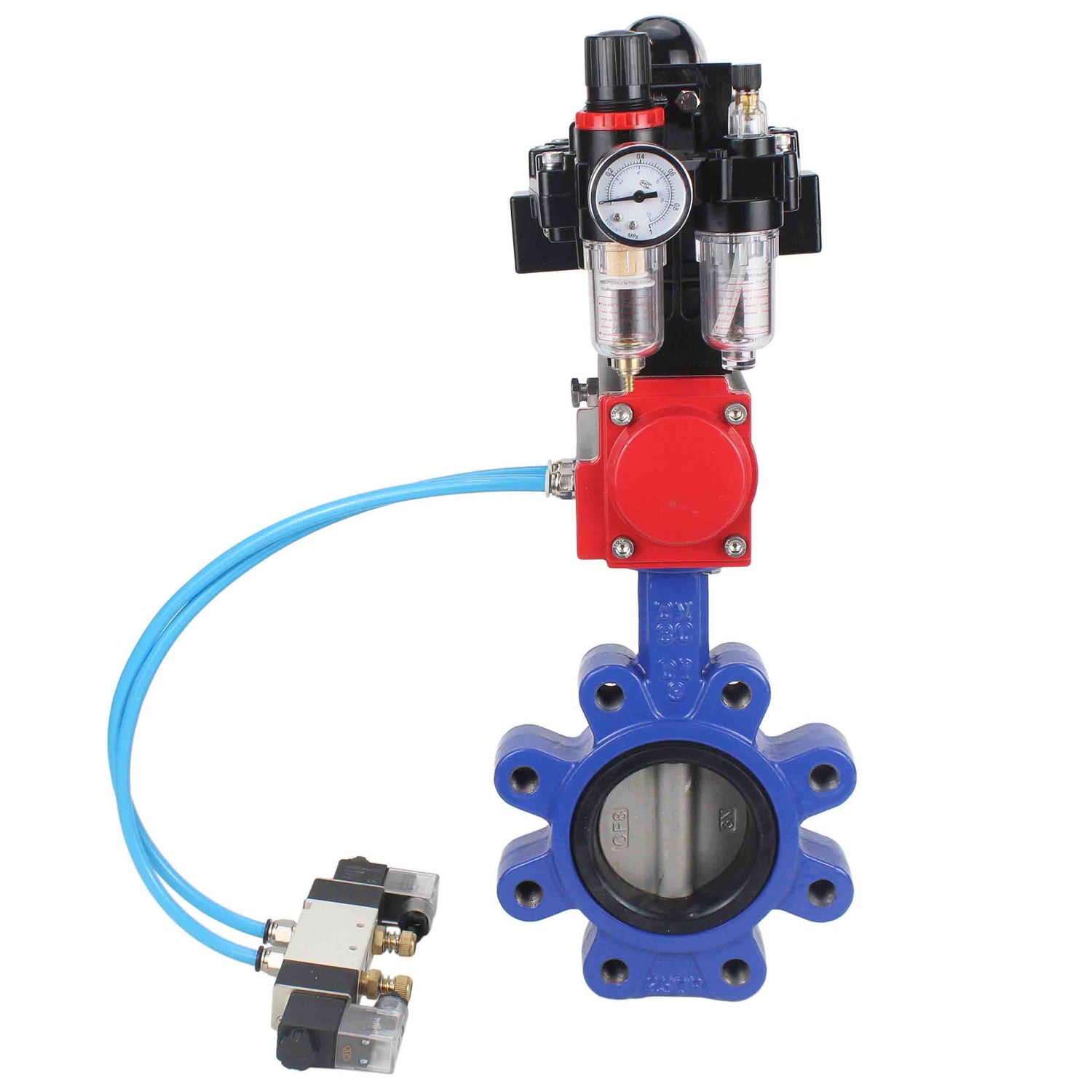 Water Butterfly Valve Elephant WBV1631N-2W-Fb-H, body material - cast iron QT450, disk material - Stainless steel AISI 304, seal - NBR, pneumatic actuator PA-SA with return springs, 4V320-10 220V, LSU APL-410N EX ATU AFC2000