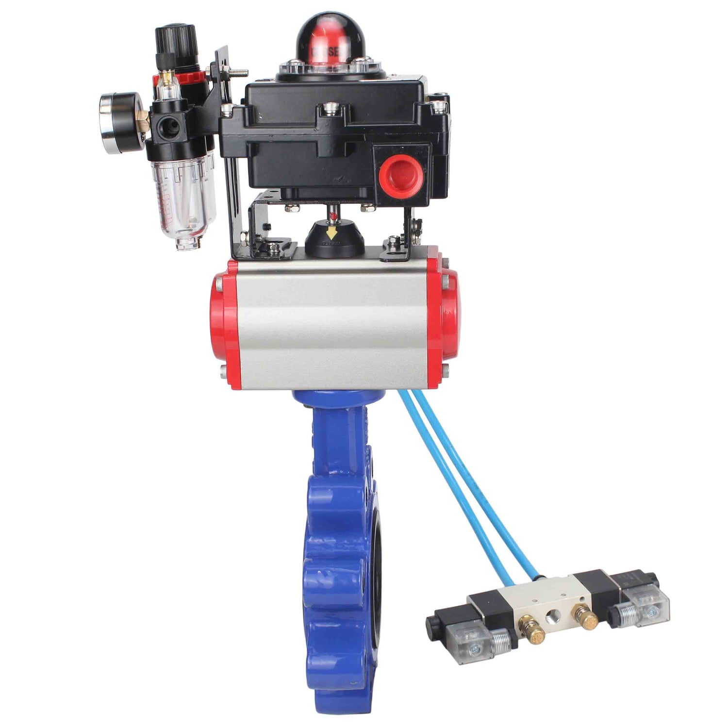 Water Butterfly Valve Elephant WBV1631N-2W-Fb-H, body material - cast iron QT450, disk material - Stainless steel AISI 304, seal - NBR, pneumatic actuator PA-SA with return springs, 4V320-10 220V, LSU APL-410N EX ATU AFC2000