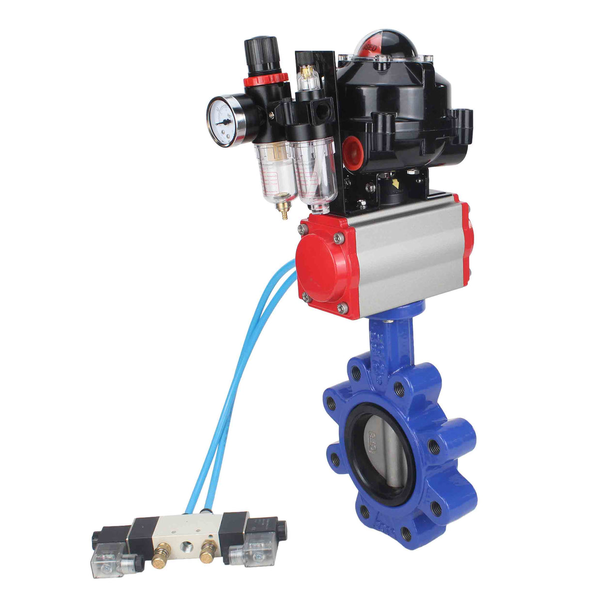 Water Butterfly Valve Elephant WBV1631N-2W-Fb-H, body material - cast iron QT450, disk material - Stainless steel AISI 304, seal - NBR, pneumatic actuator PA-SA with return springs, 4V320-08 220V, LSU APL-510N EX, ATU AFC2000