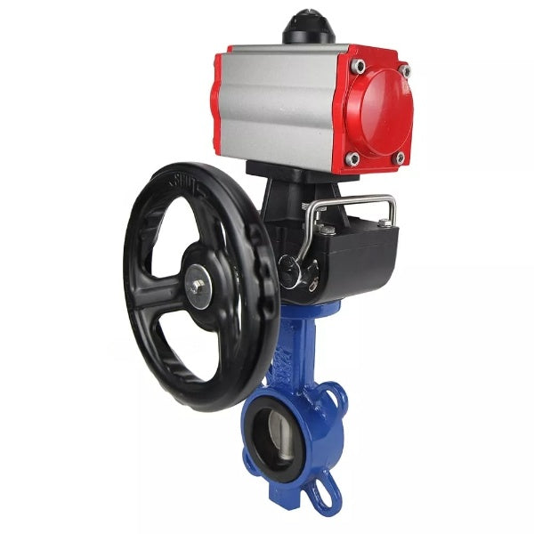Water Butterfly Valve Elephant WBV3432N-2W-Fb-H, body material - carbon steel, disk material - stainless steel AISI 316L, seal - NBR, with pneumatic actuator double action PA-DA, 4V320-08 220V, handwheel MON